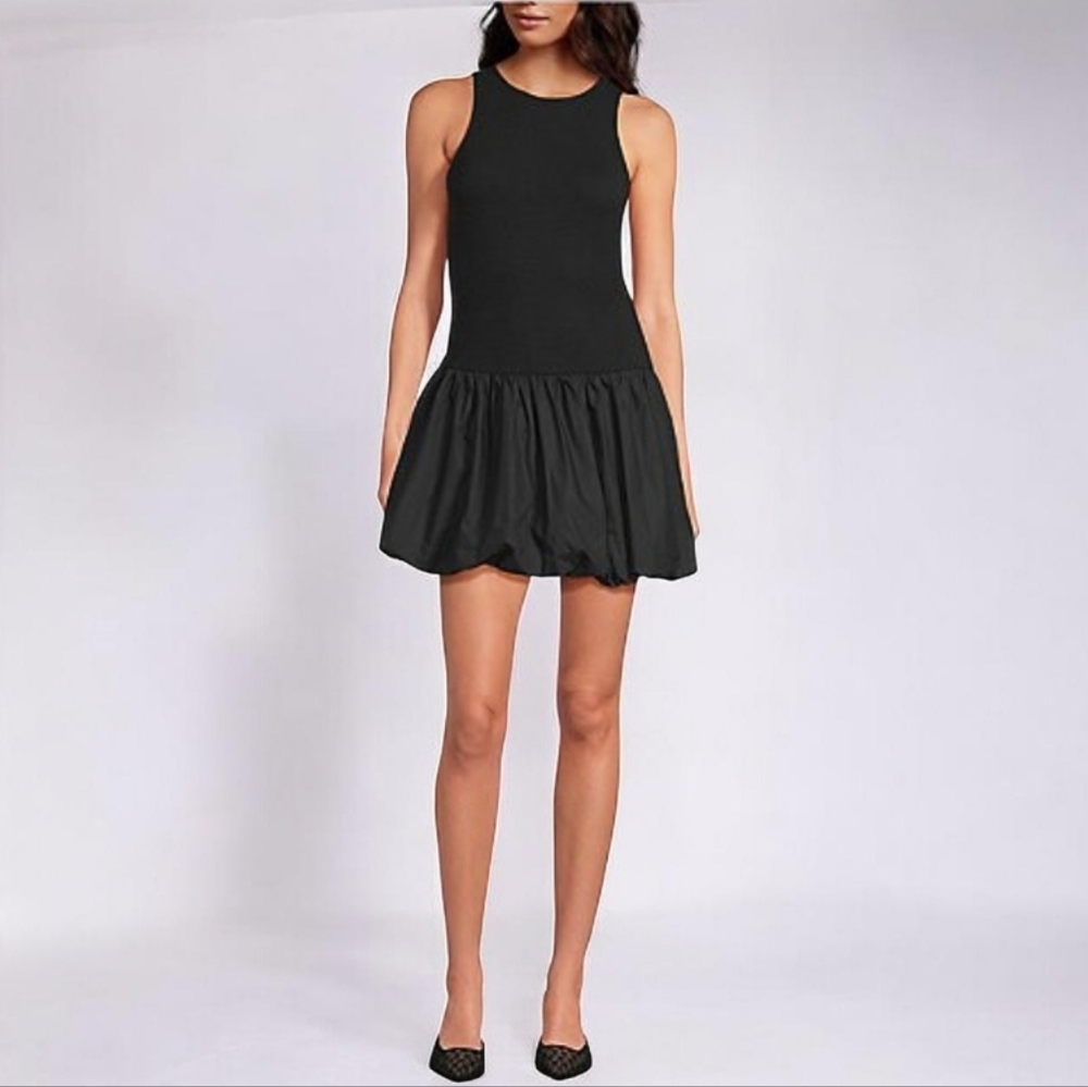 Black Drop-Waist Dress Crew Neck Sleeveless Pucker Bubble Hem Mini Dress Size Xs